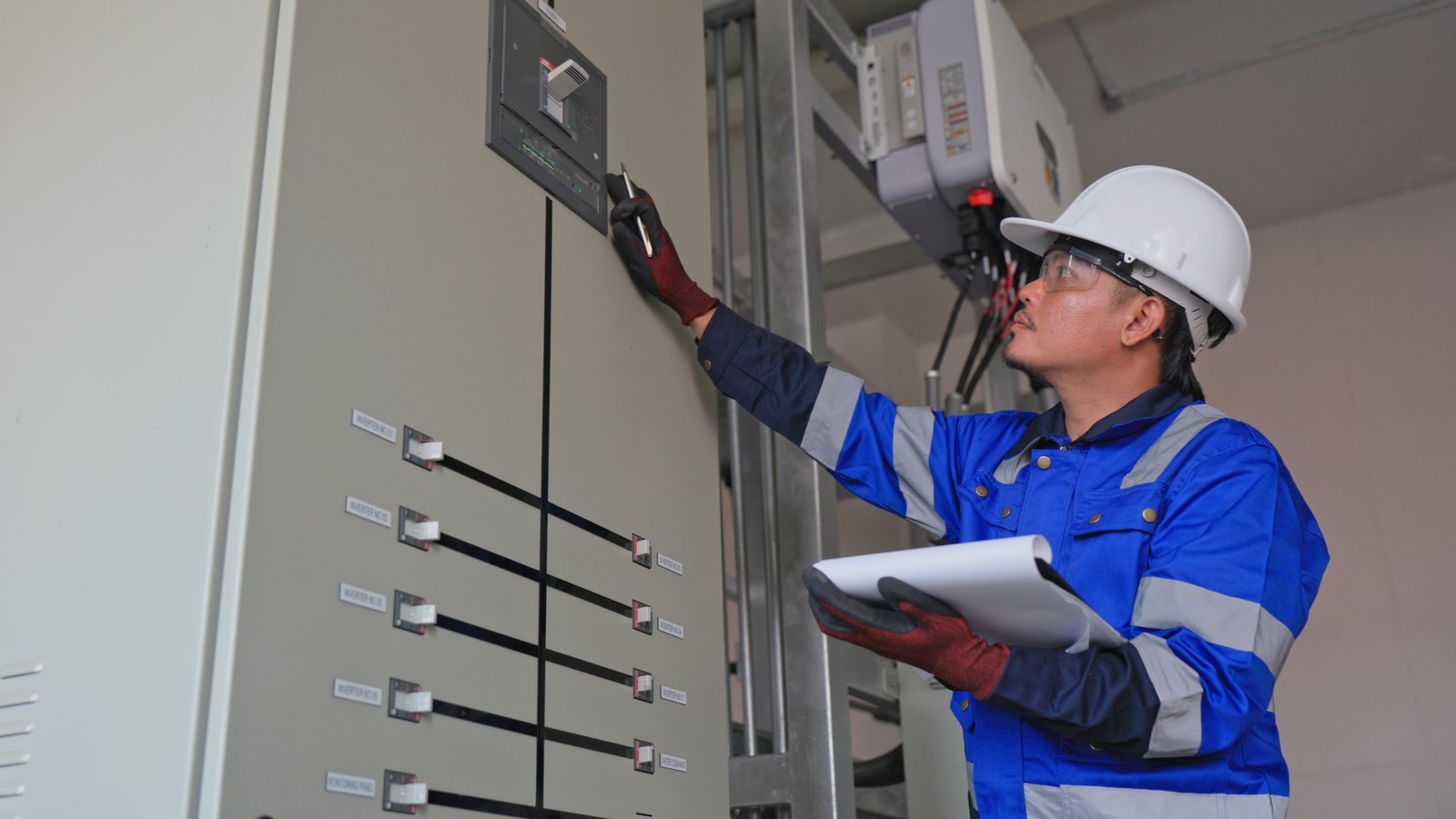 Engineer inspecting an electrical control cabinet